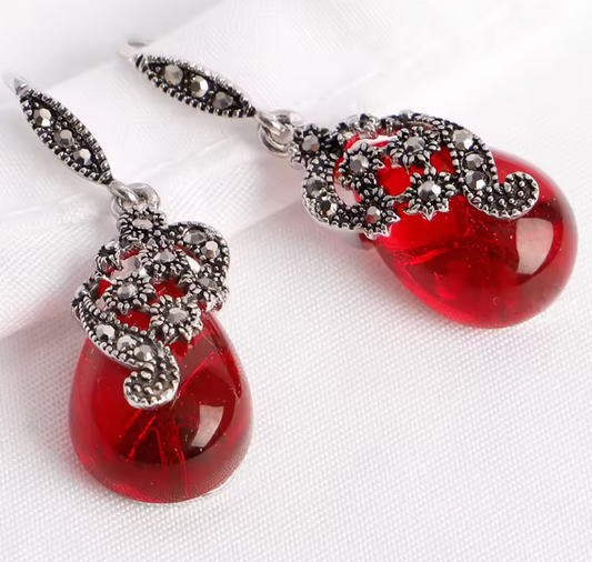 925 Sterling Silver Water Drop Earrings with Emerald & Ruby Gemstones