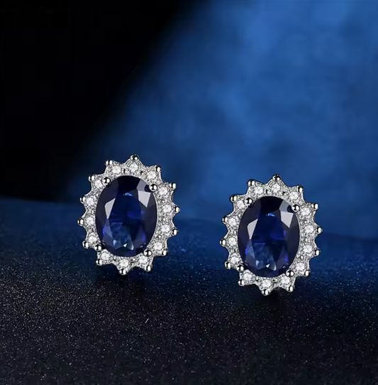925 Sterling Silver Oval Sapphire Zircon Stud Earrings